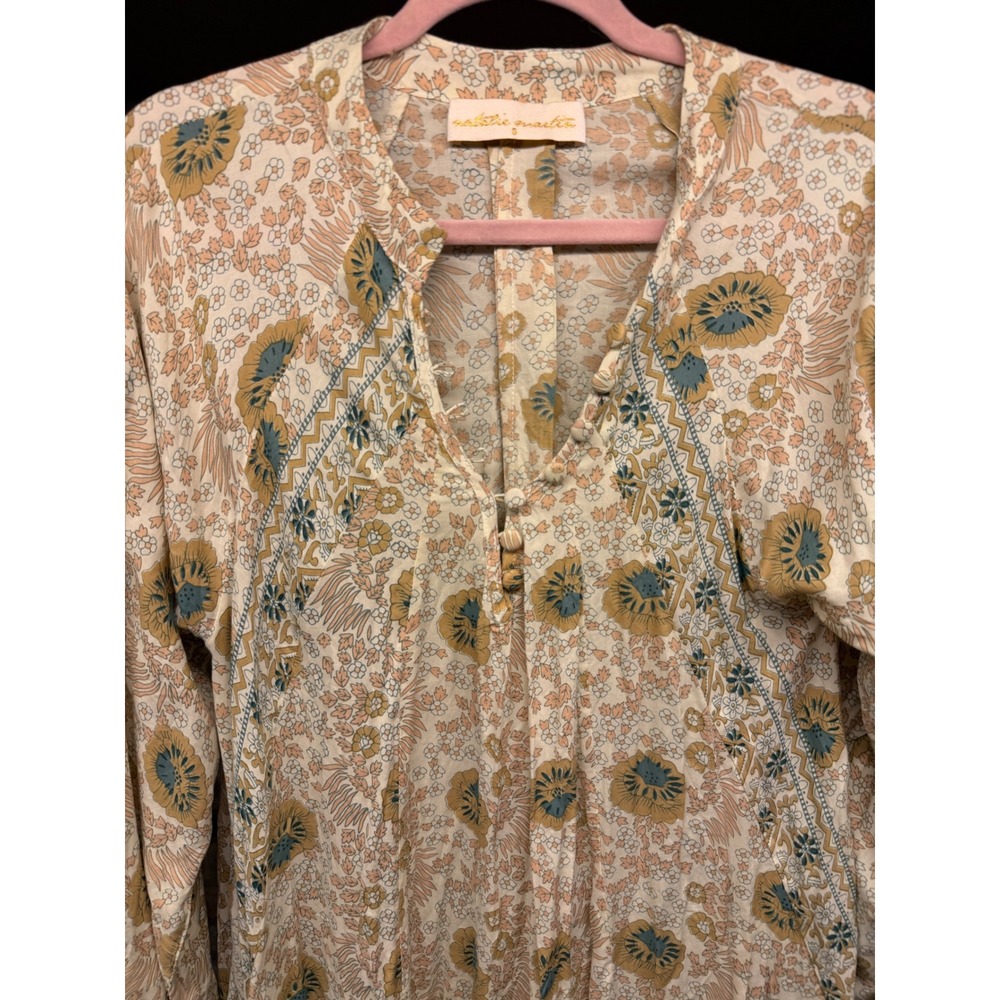 Natalie Martin Floral Rayon Maxi Dress Boho Long Sleeve Cream Mustard S - Picture 2 of 5